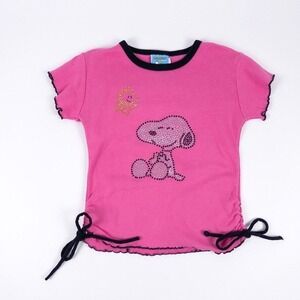 Peanuts Snoopy Woodstock Girls 6X Pink Rhinestone Ringer Tee Side Tie Y2K